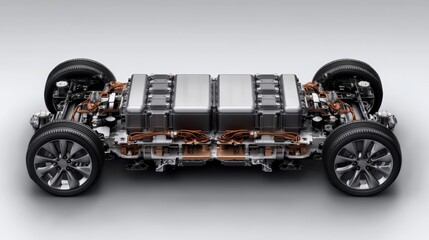 Fototapeta premium High-tech electric vehicle chassis showcasing advanced battery and motor design. Perfect for automotive innovation themes.