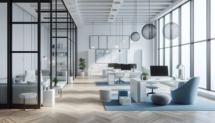 Modern minimalist white and blue color on open space room office interior design.