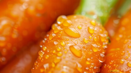  A tight shot of multiple carrots, each adorned with a water droplet at their peaks