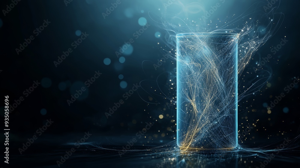 Poster a captivating image of a glowing beaker, showcasing ethereal light trails and sparkles in a mystical