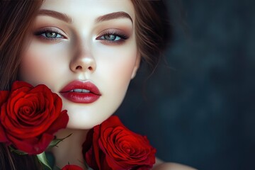 Beautiful girl with red roses on a dark background. Close-up. Portrait of a beautiful woman with red roses. Beauty, cosmetics. Valentines day concept with generative ai