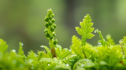  A tight shot of a green plant, with water droplets glistening on its leaves, and a softly blurred background
