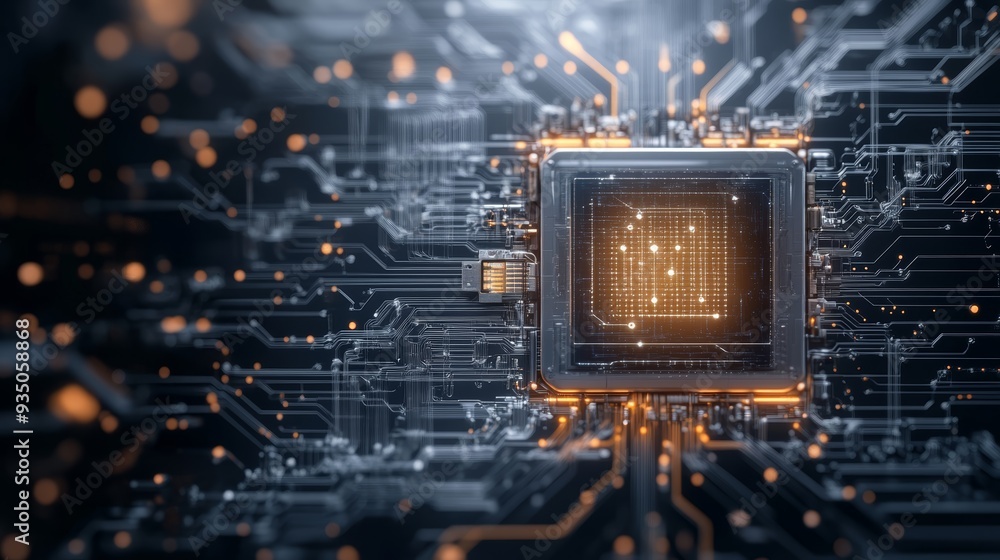 Aufkleber close-up view of a modern microchip on a circuit board, showcasing intricate details of technology a
