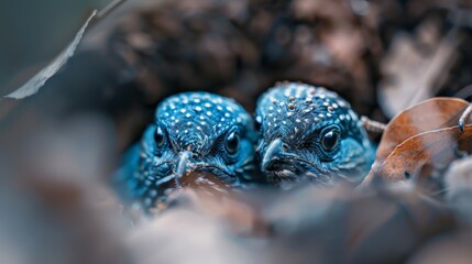Obraz premium Two blue birds perched side by side atop a mound of leaves, nestled against a leaf-strewn ground