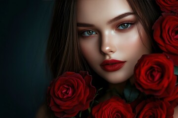 Naklejka premium Beautiful girl with red roses on a dark background. Close-up. Portrait of a beautiful woman with red roses. Beauty, cosmetics. Valentines day concept with generative ai