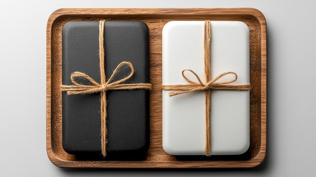 Elegant gift presentation featuring two beautifully wrapped soap bars on a wooden tray, perfect for wellness and self-care.