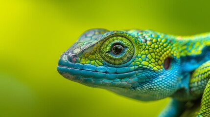  A tight shot of a green-blue lizard's face, background softly blurred