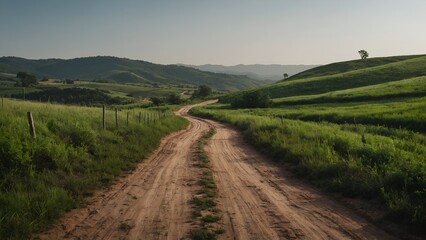 Fototapeta premium Dirt road among the green hills isolated on transparent background 