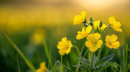 Fototapeta premium A tight shot of a mass of yellow blooms in a field, sun illuminating behind drifting clouds