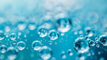  A tight shot of water droplets hovering above a tranquil pool, backdrop of a clear blue sky