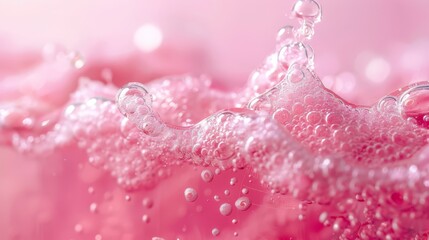  A pink background filled with bubbles and water drops at the bottom An image showcasing a bubble-infused pink backdrop, with droplets of water settling below