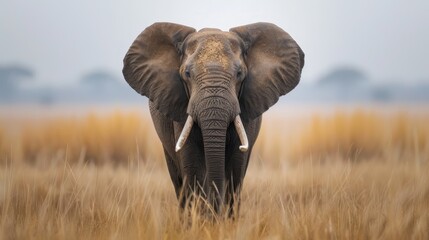 Naklejka premium An elephant, with curved ivory tusks, stands amidst a field of tall, brown grasses In the distance, trees dot the background