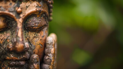  A tight shot of a statue's face with a hand resting on its temple