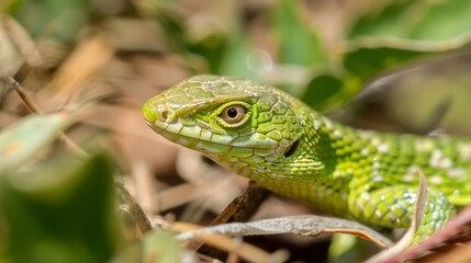 Naklejka premium A tight shot of a green lizard perched on a tree branch amidst grass and leaves