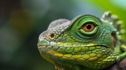 Obraz premium A tight shot of a green chameleon perched on a tree branch, surrounded by a softly blurred background