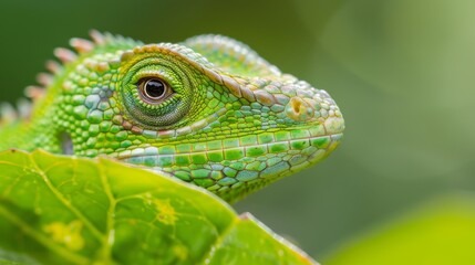 Fototapeta premium A tight shot of a green chameleon perched on a branch, a nearby leaf prominent in the foreground, background softly blurred