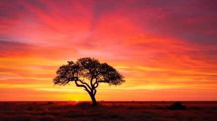  A solitary tree in a field, sun setting behind, clouded sky