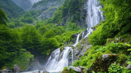  A sizable waterfall lies centrally in a forest, surrounded by a multitude of verdant trees and lush bushes atop a mountain's edge