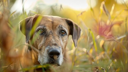  A tight shot of a dog's expressive face amidst a sea of towering grasses, framed by a single flower in the backdrop