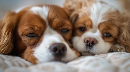  Two brown and white dogs rest together on a white blanket atop a bed