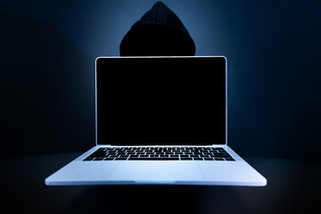 A person sits in the dark, typing on a laptop, symbolizing the dangers of cyberspace. The scene represents cybercrime, with themes of hacking, identity theft, and compromised network security, emphasi