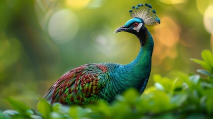 Obraz premium A peacock up-close in a tree against a softly blurred background of leaves