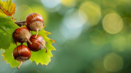  Three acorns on a branch, leafy foreground; background softly blurred