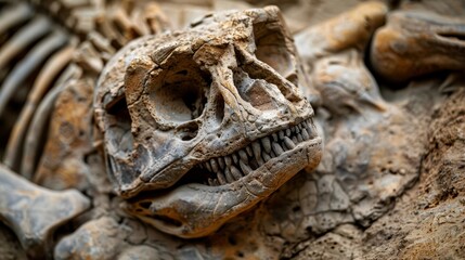  A skeletal dinosaur up-close on rock, hammer in beak
