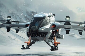 A cutting-edge flying car soars above a rain-drenched street, representing the future of transportation in a dynamic city environment. AI generated