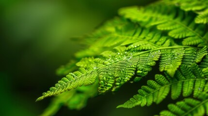  A tight shot of a green leaf, dotted with water droplets, against a softly blurred background