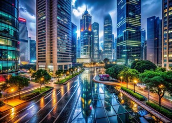 Fototapeta premium Vibrant nighttime cityscape with towering skyscrapers, bustling streets, and glittering lights reflecting off wet pavement, capturing the urban jungle's energetic and lively atmosphere.
