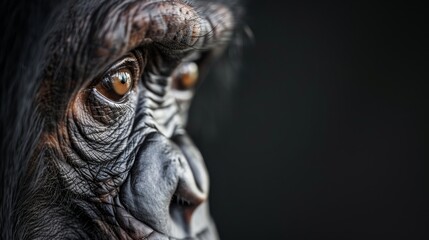  Close-up of a monkey's intense face against black backdrop..Or, for even more concise optimization:..Intense monkey close-up on