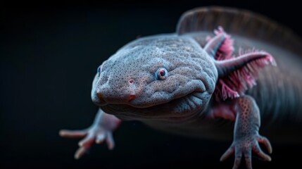  A tight shot of a gecko against a black backdrop, its face subtly blurred