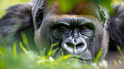 Obraz premium A gorilla's face, tightly framed by green tree leaves, surrounded by a softly blurred background