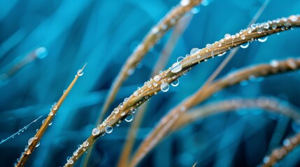 Naklejka premium A tight shot of a plant, its stems dotted with water droplets, against a backdrop of a clear blue sky