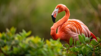 Fototapeta premium A pink flamingo in a bush, head askew, beak agape