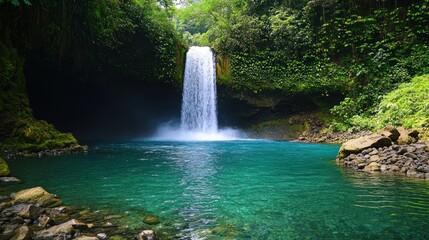 Waterfall cascading into a turquoise pool