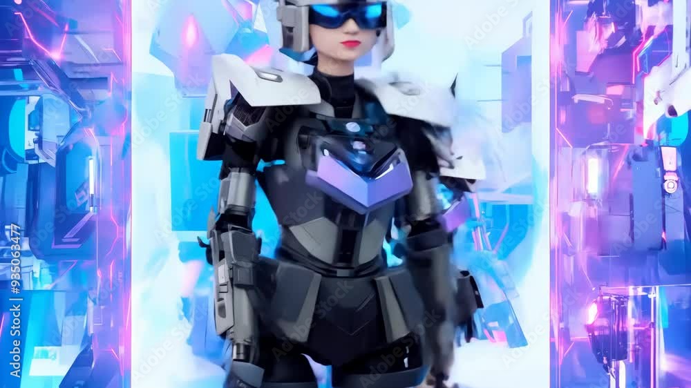 Poster futuristic robot models in cyberpunk setting showcasing advanced technology and design at tech exhib