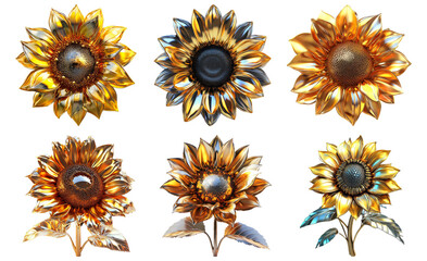 Golden sunflower design set isolated on transparent background