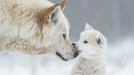 Obraz premium A dogs nose up close in snow, trees and flurries of snowflakes behind