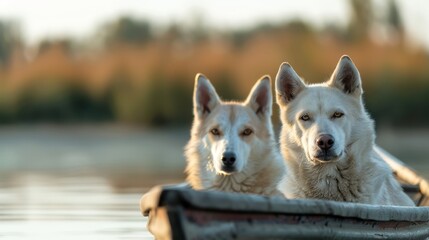 Obraz premium Two white dogs sit in a rowboat on a tranquil body of water Trees line the background