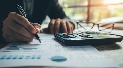 Fototapeta premium Business Man Using Pen And Calculator On Desk With Reading Glasses And Financial Report- Business Accounting Concept with generative ai