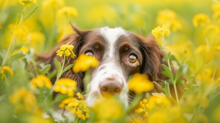  A brown-and-white dog gazes at the camera with surprise in a field of yellow blooms