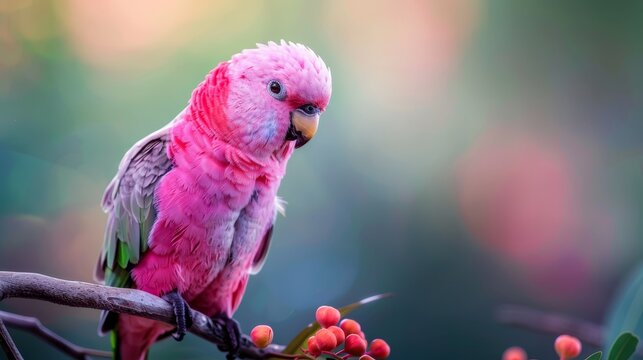 A pink parrot perched on a tree branch, laden with berries nearby, against a softly blurred backdrop