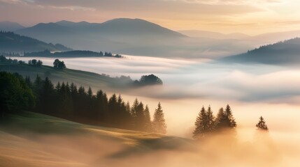 Obraz premium trees in foreground, mountain range at distance, low-lying clouds in foreground
