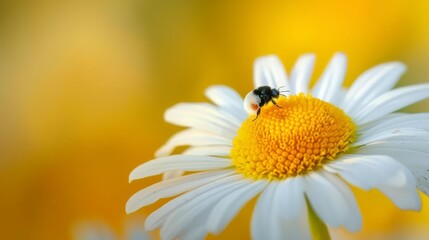  A tight shot of a white and yellow bloom with a bee perched at its center