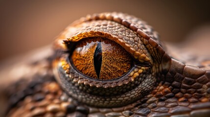 Obraz premium A tight shot of a lizard's eye, displaying intricate brown and orange patterns on its body and head