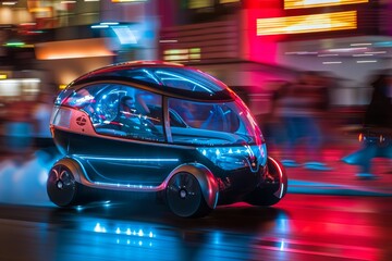 Fototapeta premium A modern car featuring luminous lights travels on a futuristic road, highlighting innovation and cutting-edge automotive design. A biometrically controlled vehicle 