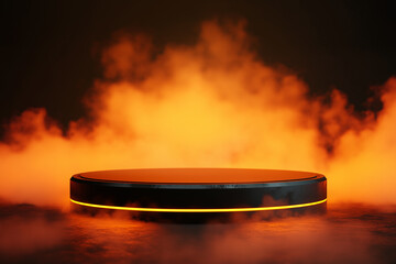 Glowing black glass podium with fog, orange background, Halloween product placement background