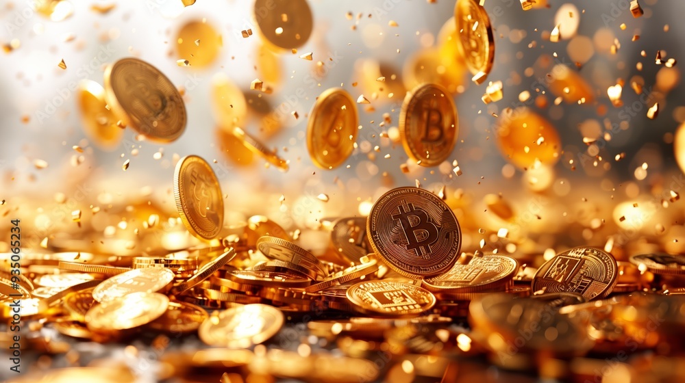 Aufkleber glowing gold coins falling in a dynamic display with cryptocurrency symbol